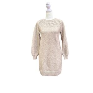 Sweater Dress‎ Beige Knit Lace Neck Long Sleeve Mini Casual Pullover SZ XS